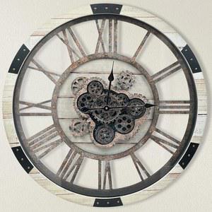 도르보커 24인치 대형 벽시계, 움직이는 기어, 거실 장식용 오버사이즈 빈티지 산업용 소박한 농가 시계, 솔리드 우드 레트로 메탈 HD 유리 커버, 디저트 베이지