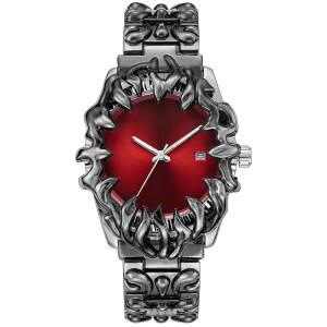 남성용 칼리엔 고딕 클로 워치 u2013 유니크 스테인리스 스틸 손목시계, 빛나는 손, 방수 쿼츠 무브먼트, 미래형 멜팅 스타일, 쿨 레드 및 그린 색상 옵션