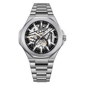 GLENAW 기계식 스켈레톤 시계 자동 감기 손목시계 클래식 비즈니스 남성용 슬리버 & 블랙