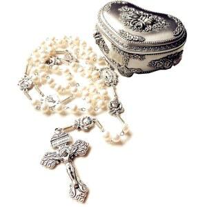 우아한 핸드메이드 AAA 8MM 리얼 진주 구슬 성모 파티마 묵주 크로스 목걸이 상자 케이스 가톨릭 선물