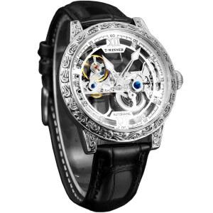 포시닝 남성 빈티지 기계식 자동 바람 시계, 화려한 조각 토템 베젤 럭셔리 양면 할로 스켈레톤 데일리 다이아몬드 스케일 빅 다이얼 가죽 스트랩 손목시계