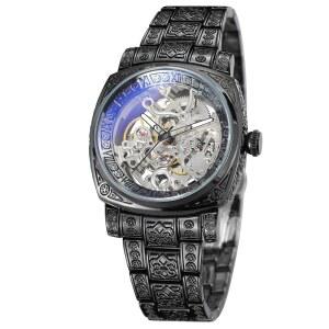 WENFVVIN 남성용 자동 시계 빈티지 스켈레톤 셀프 와인딩 아날로그 사각 손목시계 스테인리스 스틸 팔찌