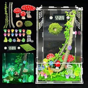 점프 스파이더 인클로저, DIY 곤충 서식지, 소형 파충류 테라리움 유리 집 액세서리 세트, 온도 및 습도 감지기 급수 플랫폼 숨김, 5.5 u201Cx5.5 u201Dx9.5 u201C (밝은 버섯)