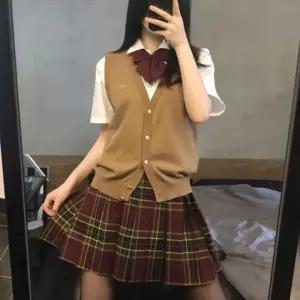 베이지 V넥조끼 체크치마 교복세트(조끼 셔츠 치마)