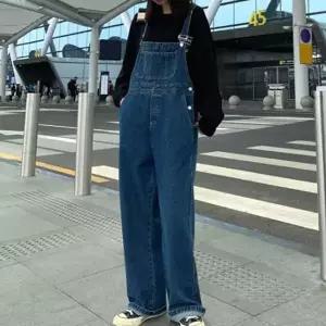 [하프클럽/]귀여운 멜빵 통바지 와이드핏 진청 데님팬츠 데이트룩