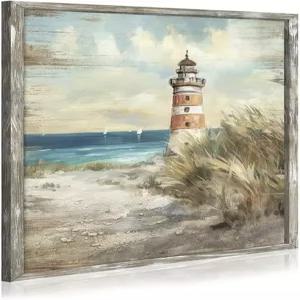 액자에 담긴 오션 비치 월 아트 모던 우드 차분한 바다 풍경 인쇄 해안 등대 빈티지 파도 풍경화 욕실