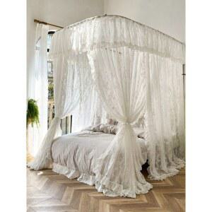 공주풍 캐노피 침대 프레임 모기장 화이트 쉬폰 레이스