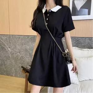 하객룩 핀턱 플레어원피스 블랙 반팔 미들원피스 카라 A라인 치마 미니