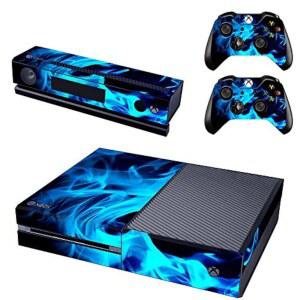 uushop 보호 비닐 스킨 데칼 커버 microsoft xbox one 콘솔 랩 스티커 스킨, 두 개의 무료 무선 컨트롤러 블루 파이어 플레임 (원 s 또는 x용 제외)