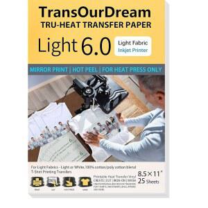 TransOurDream 히트 프레스용 열전달 종이 25매, 8 5x11, 라이트 6 0 잉크젯 프린터용 전송 시 T 셔츠용 가능한 비닐 다리미 TRANS-L6-20