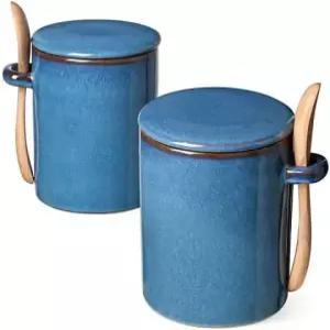 뚜껑과 숟가락이 있는 르 타우치 설탕 그릇 세라믹 소금 용기 주방용 작은 병 커피 바 조리대 - 12온스 2개