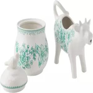 스톤웨어 슈가 볼 및 크리머 세트 우아한 그린 세라믹 티 커피 조미료 서버 농가 스타일 주방 다이닝 데코