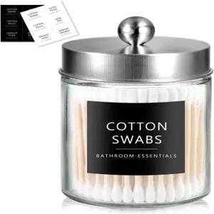 시충 큐팁 디스펜서 홀더 1개 스테인리스 스틸 뚜껑 스티커가 있는 유리 약병 카운터탑 캐니스터 전용 욕실