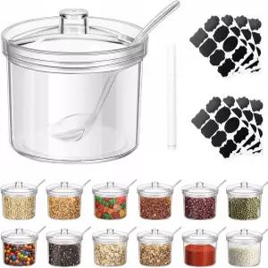 뚜껑과 숟가락이 포함된 질람구 12피스 아크릴 설탕 용기 - 커피 바 스크림 순대 토핑 조미료 정리 세트용