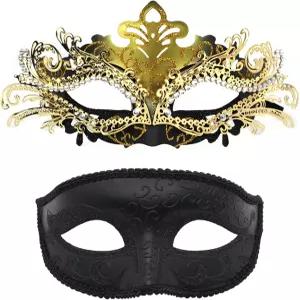 프레티쇼 커플 가면극 마스크 세트 - 할로윈 코스튬 파티 및 카니발을 위한 베네치아 스타일