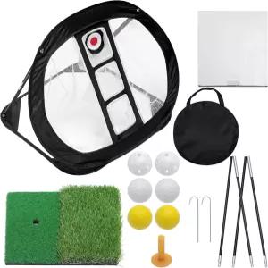 골프 타격 매트 세트가 있는 치핑 네트 6개의 연습용 공이 휴대용 트레이닝 고무 티 홀더 뒷마당 실내