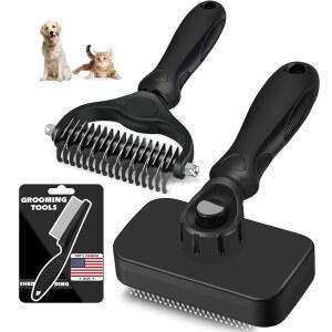 개, 고양이, 말을 위한 3PCS 셀프 클리닝 슬라이커 브러시 & 애완동물 그루밍 갈퀴 벼룩 빗 양면 디매팅 피부 친화적인 도구 용품 블랙