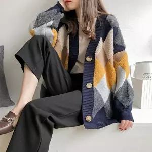 아가일 가디건 루즈핏 외출용 가을겨울 니트 캐시미어 (KYR-WB3768A)