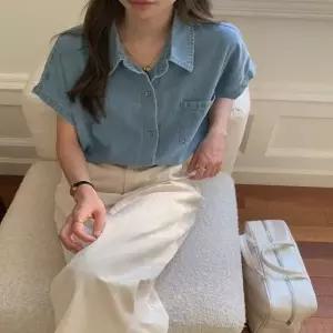 데님 여자 캐주얼 청남방 블라우스 2 루즈핏 반팔셔츠 (WFKBWWI)