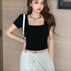 헨리넥 반팔 반팔티 티셔츠 여성 여름 레이스 크롭 반소매 (WFKBX2Y)