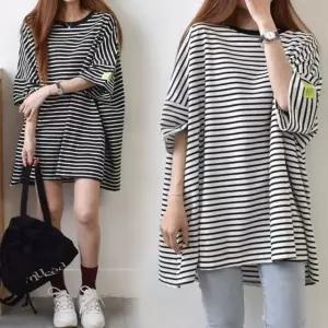 티셔츠 여름 2컬 여자 오버핏 반팔티 단가라 롱 편한 (WFKBWWR)