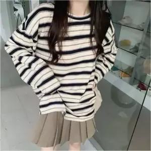 단가라 3색 줄무늬티 편한 긴팔 티셔츠 여자 캐주얼 루즈핏 (WFKBXF8)