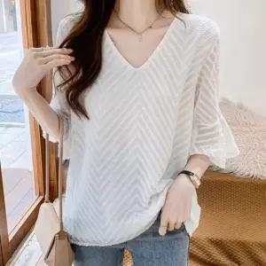 브이넥 여성 블라우스 여름 여성반팔셔츠 여름브 (WFKC1SX)