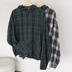 [캣츠원피스][캣츠원피스]커플 오버핏 기모 반집업 체크 후드티