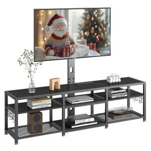 마운트 및 전원 콘센트가 있는 VECELO 71인치 TV 스탠드, 오픈 스토리지 선반이 엔터테인먼트 센터, 높이 조절 가능한 최대 80 u201D 마운트, 거실용 나무 테이블 금속 프레임, 모던 블랙