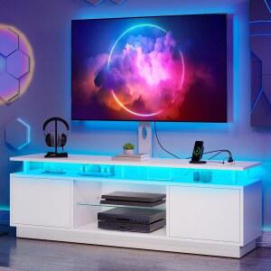 75/70/65인치 TV를 위한 마운트 및 2도어가 있는 YITAHOME 모던 TV 스탠드 - 전원 콘센트, LED 라이트 스트립, 저장 공간이 미디어 콘솔, 거실용 엔터테인먼트 센터, 흰색