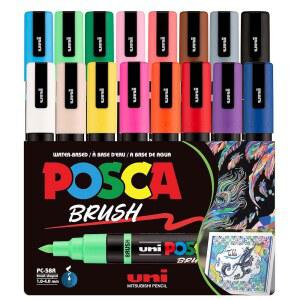 POSCA PC-5BR 수성 페인트 마커, 리버서블 브러시 팁(1.0-4.0mm), 다양한 색상, 16팩