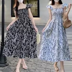 여성 플라워 바캉스 해변 스모크밴딩 스퀘어넥 원피스