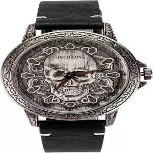 남성용 바오줄롱 쿨 해골 시계 - 가죽 밴드 캐주얼 쿼츠 손목시계 남자친구 아들 남편 아빠를 위한 완벽한