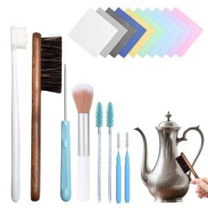 18팩 주얼리 클리닝 브러시 세트, 클리너 도구 보관함 세트 스털링 실버 폴리싱 천 큰/작은 구멍 브러시, 바늘 및 틈새 모든 주얼리용