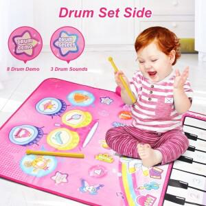 90x70cm 유니콘 음악 매트 아이 유아 피아노 키보드 및 드럼 2 in 1 장난감 댄스 8 악기 사운드 교육 완구
