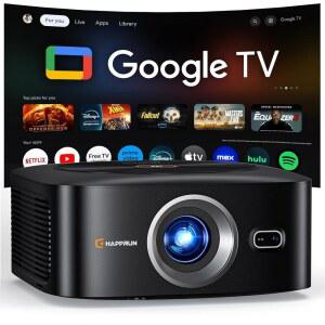 1500 ANSI 공식 라이선스 Google TV 스마트 프로젝터, 자동 초점, 돌비 사운드, Wi-Fi 블루투스, 내장 앱, 휴대폰 및 PC, 실내 실외 사용과 호환되는 HAPPRUN 4K 풀 HD 홈 시어터