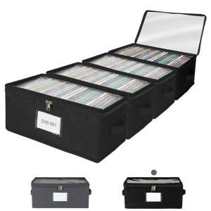 컴포트키퍼 4팩 내구성 있는 패브릭 DVD 보관함, 투명 PVC 뚜껑, 25개의 표준 케이스, 영화 컬렉션을 위한 판지 지지대가 튼튼한 부직포, 검은색