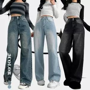 투버튼 워싱 와이드 반밴딩 하이웨스트 청바지 데님 롱팬츠 사계절 3color