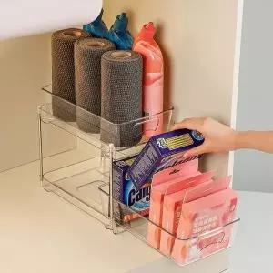 주방 욕실 정리 슬라이딩 선반 투명 2단 수납 정리대 실용형 (WFK7NI0)