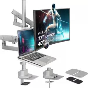 AVLT 노트북 및 40인치 모니터 암 폴 탑 마운트 USB-C USB-A 포트 그레이 VESA 호환 26.4파운드(12kg) 지원