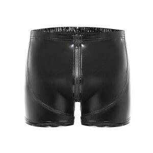 [Miaeowve] 남성용 광택이 나는 페이턴트 가죽 반바지 수영복 벌지파우치 복서 브리프 클럽용 핫팬츠 블랙CM