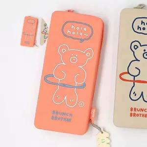 다용도 사각 펜케이스 피치색 실리콘 디자인 파우치