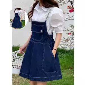 A라인 미니원피스 데님 포켓 오버롤 멜빵 여자