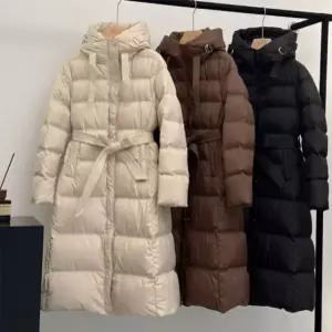 벨티드 여자 오리털 롱패딩 코트 버클후드 덕다운 경량패딩
