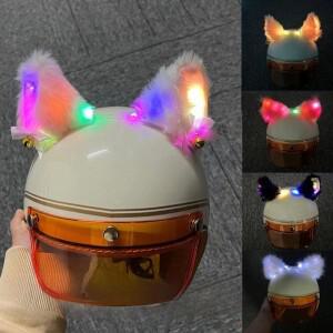 2개입 바이크 오토바이 헬멧 플러시 고양이 귀 장식 컬러풀 LED 라이트 모토크로스 풀페이스 오프로드