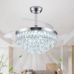 델리팬 42인치 샹들리에 천장 선풍기(라이트 포함), 리모컨 및 APP 포함 접이식 선풍기, 크리스탈 팬들리에 디밍 가능한 LED, 리버서블 모터, 침실 거실용 조용한 크롬
