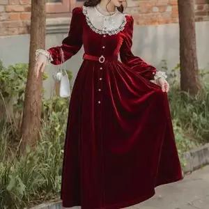 라운드레이스 벨벳 리얼레드 복고풍원피스 경성의 WFLQAZV