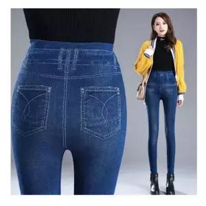 여성 블루 블랙 페이크 데님 레깅스 WFLQWIZ