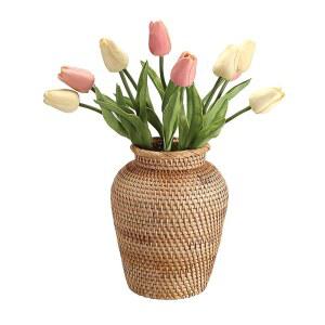 꽃을 위한 JUXYES 테이블탑 직조 라탄 꽃병, 소박한 시골 스타일 바구니 가정 장식을 농가용 작은 위커 부케 꽃병 테이블 센터피스