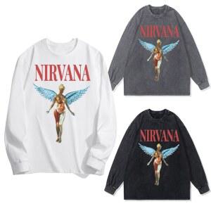 [포르르] 너바나 긴팔티셔츠 2024 락밴드 천사 복고 핑크 청소년 긴 소매 부드러운 100% 면 편안한 둥근 목 남녀공용 인상 3색상 옵션 비공식 (01,M)